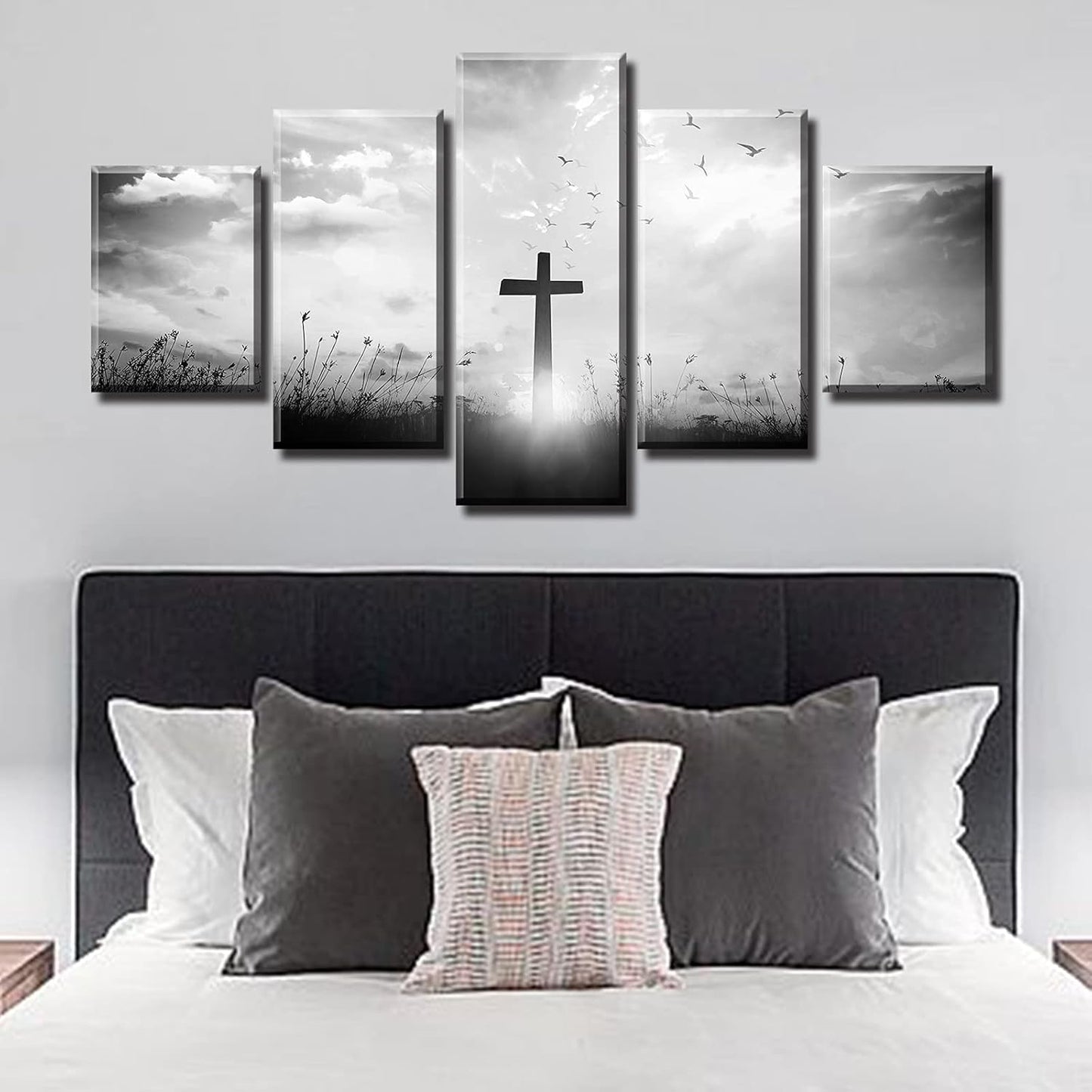 Black and White Wall Art Christian Wall Decor for Living Room Religious Jesus Cross Pictures Prints Church Home Bedroom Spiritual Artwork Decorations 60" W X 32" H 5 Pieces