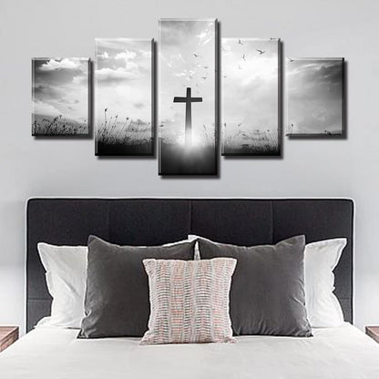 Black and White Wall Art Christian Wall Decor for Living Room Religious Jesus Cross Pictures Prints Church Home Bedroom Spiritual Artwork Decorations 60" W X 32" H 5 Pieces