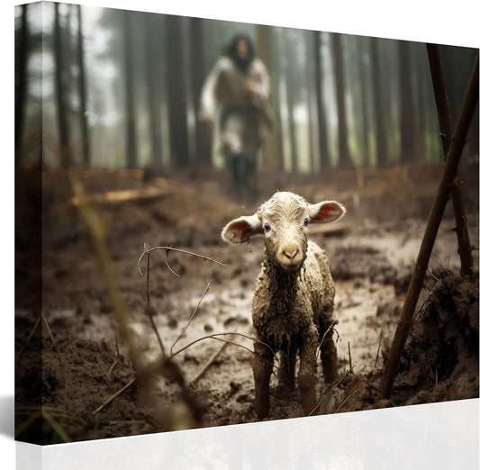 Jesus and Lamb Canvas Wall Art Jesus Running after Lost Lamb Picture Wall Art